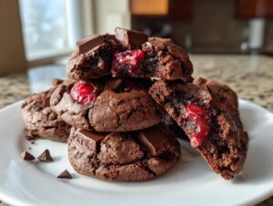 A stack of fudgy chocolate cherry cookies, one broken open to show the gooey cherry filling and chocolate chunks.