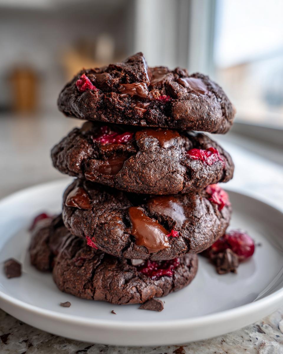 A tempting stack of four fudgy chocolate cherry cookies with melted chocolate chips and bright red cherries.