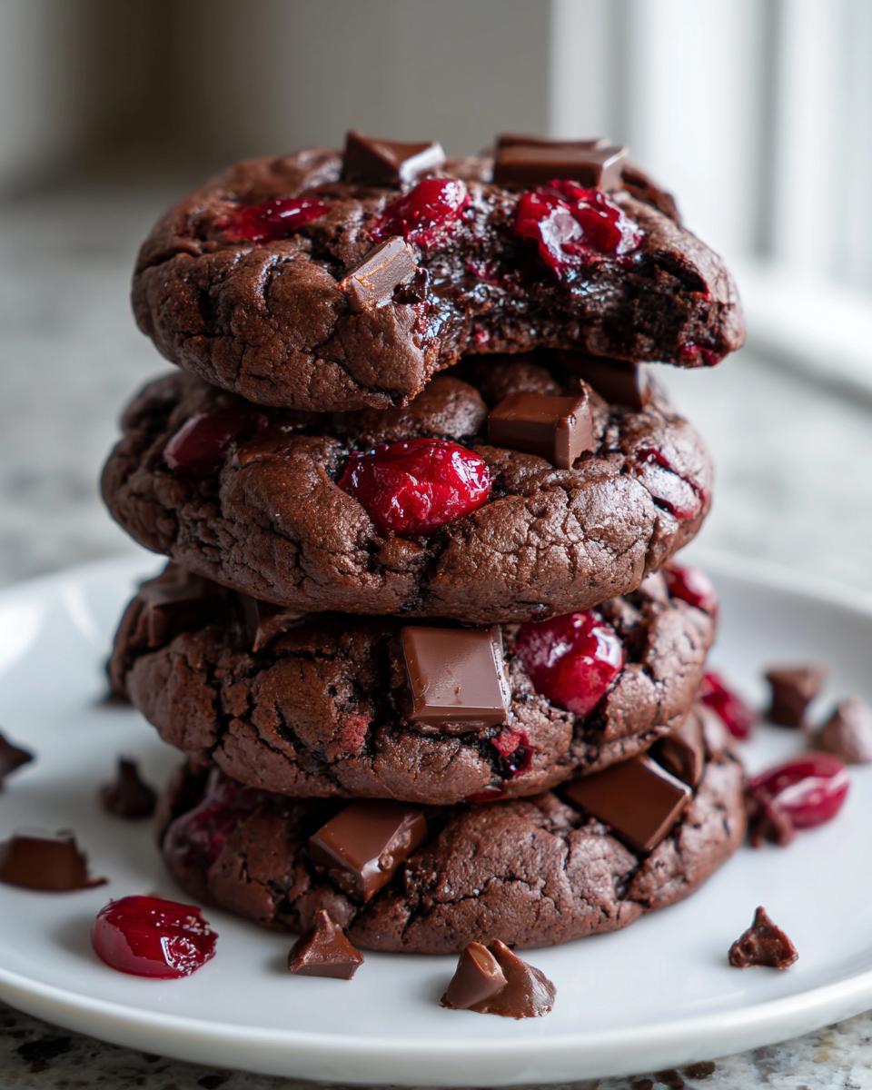 A stack of four fudgy chocolate cherry cookies, topped with chocolate chunks and visible cherry filling. One cookie has a bite taken out.