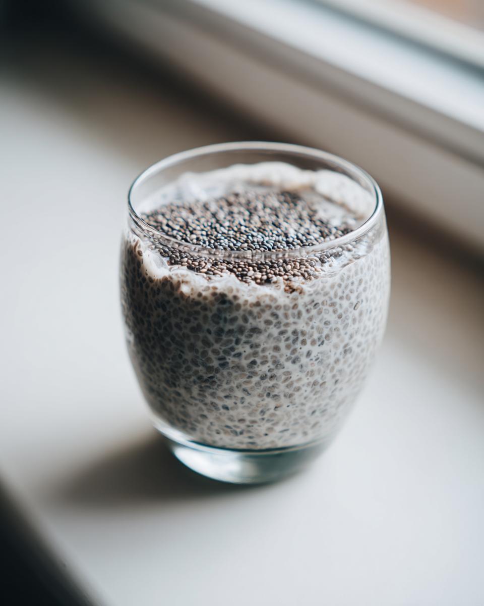 Close-up of a glass filled with creamy chia seed pudding, topped with dry chia seeds.