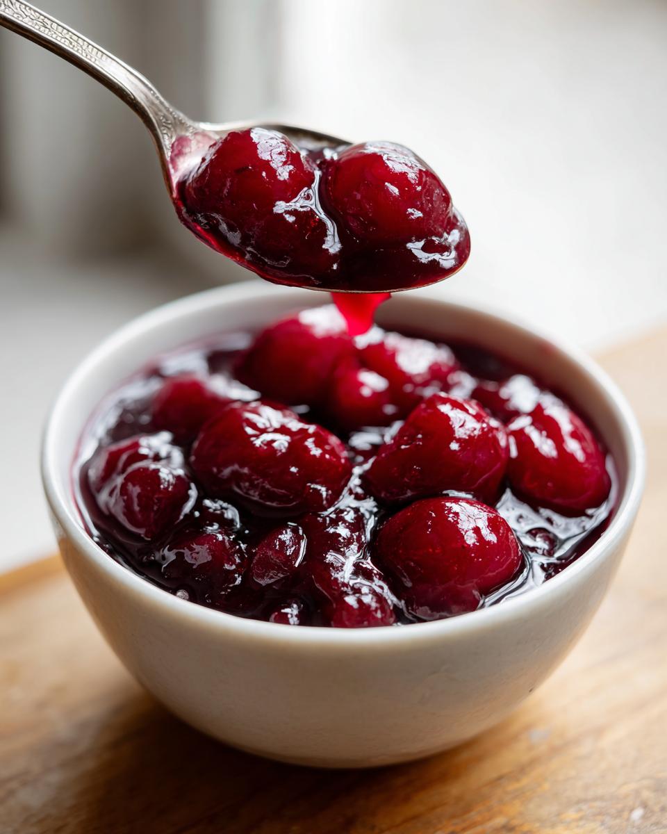A spoonful of glossy, thick cherry pie filling being lifted from a white bowl full of whole cherries in syrup.