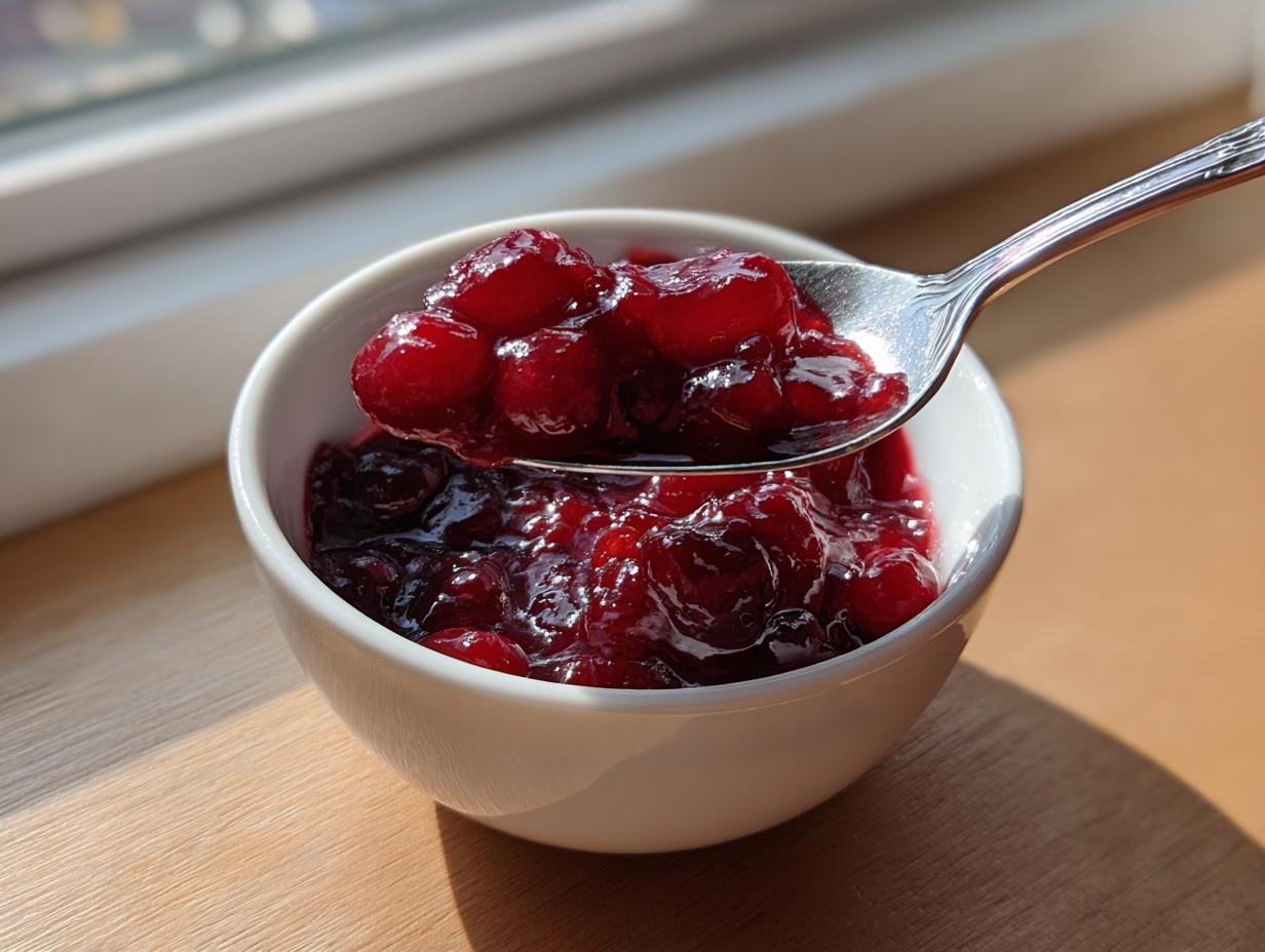 A spoonful of glossy, rich cherry pie filling being lifted from a small white bowl.
