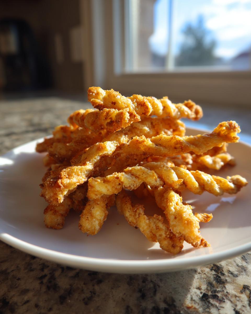 A pile of golden, twisted cheese straws recipe snacks resting on a white plate in bright sunlight.