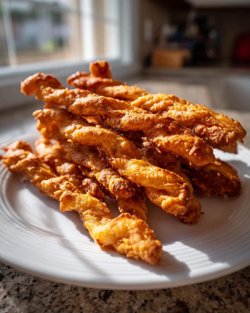 A pile of freshly baked, golden brown cheese straws recipe twists stacked on a white plate near a sunny window.