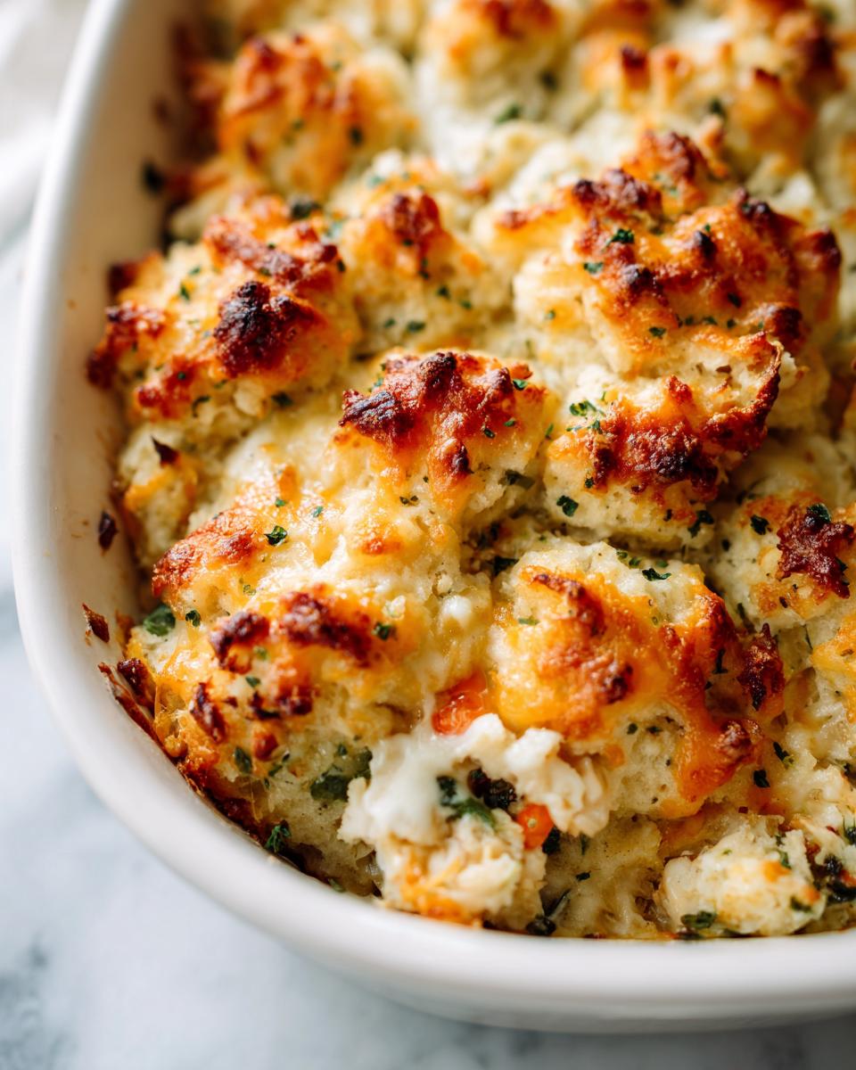 Close-up of a baked chicken cobbler with golden, cheesy biscuit topping sprinkled with parsley.