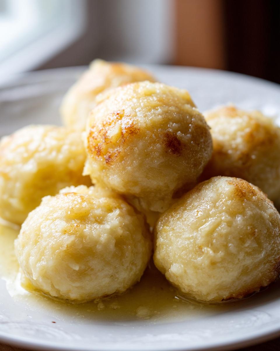 Close-up of several golden brown potato dumplings resting in melted butter on a white plate.