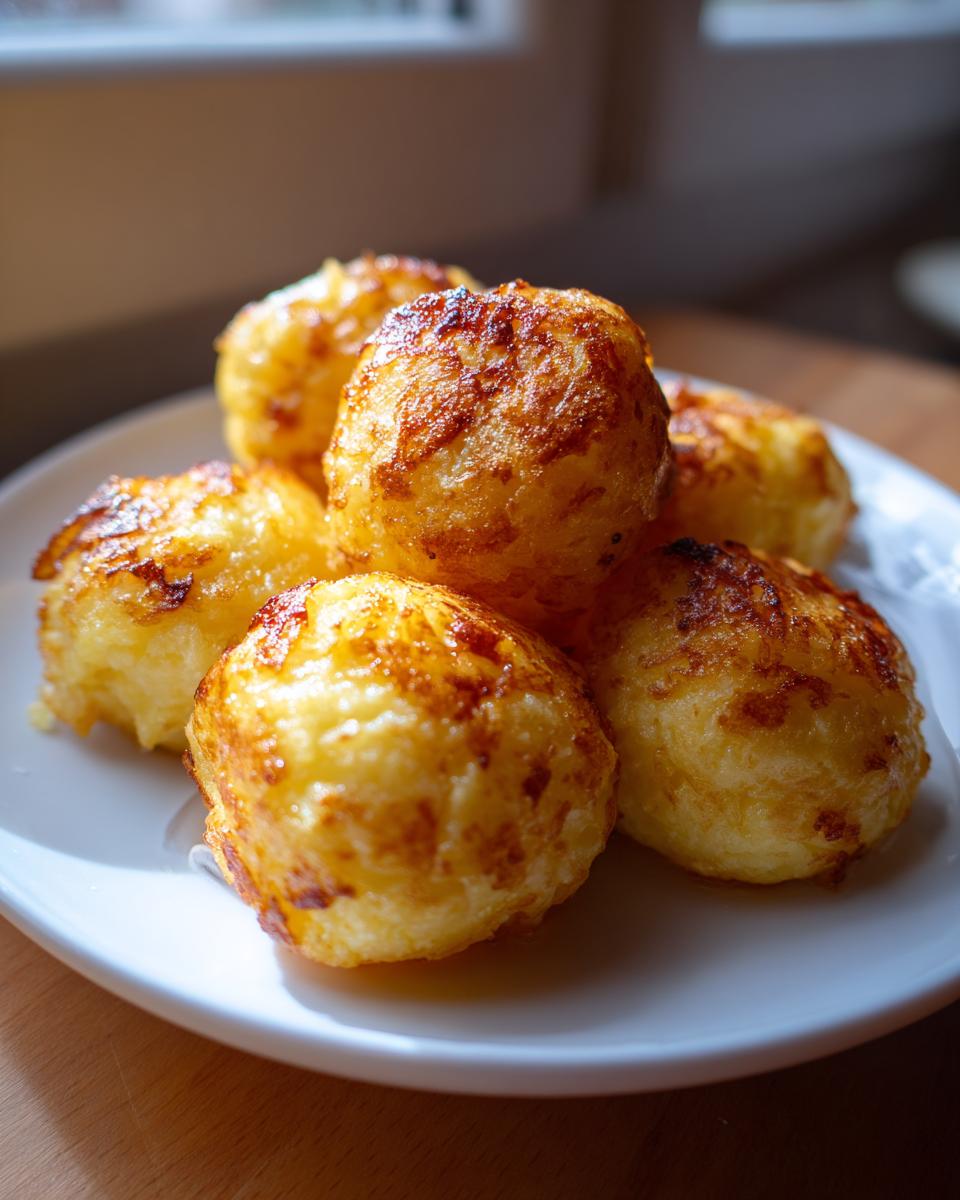 A close-up of several golden brown, pan-fried potato dumplings stacked on a white plate.