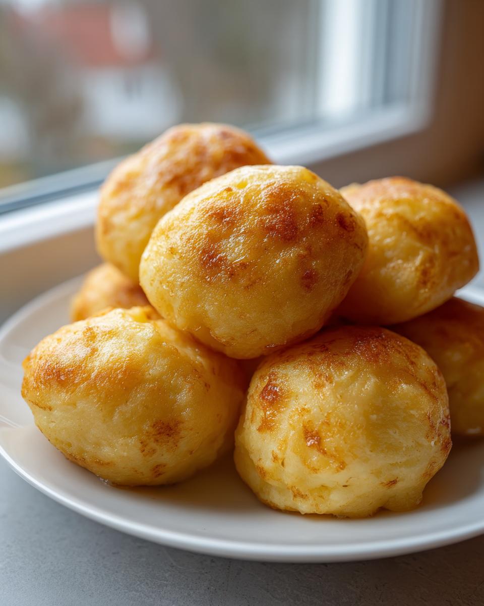 A stack of golden brown, freshly baked potato dumplings resting on a white plate near a window.
