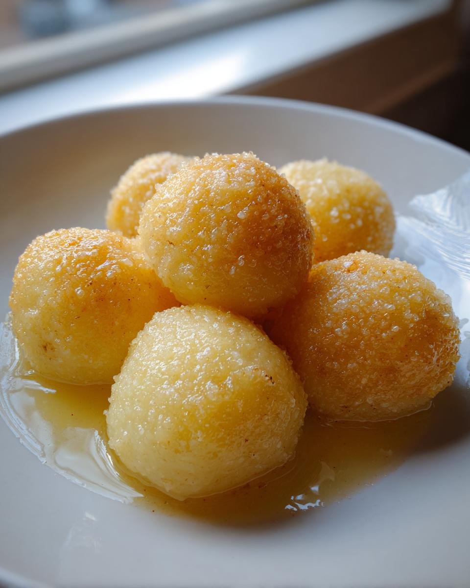 Close-up of several golden potato dumplings coated in sugar and sitting in a light syrup.