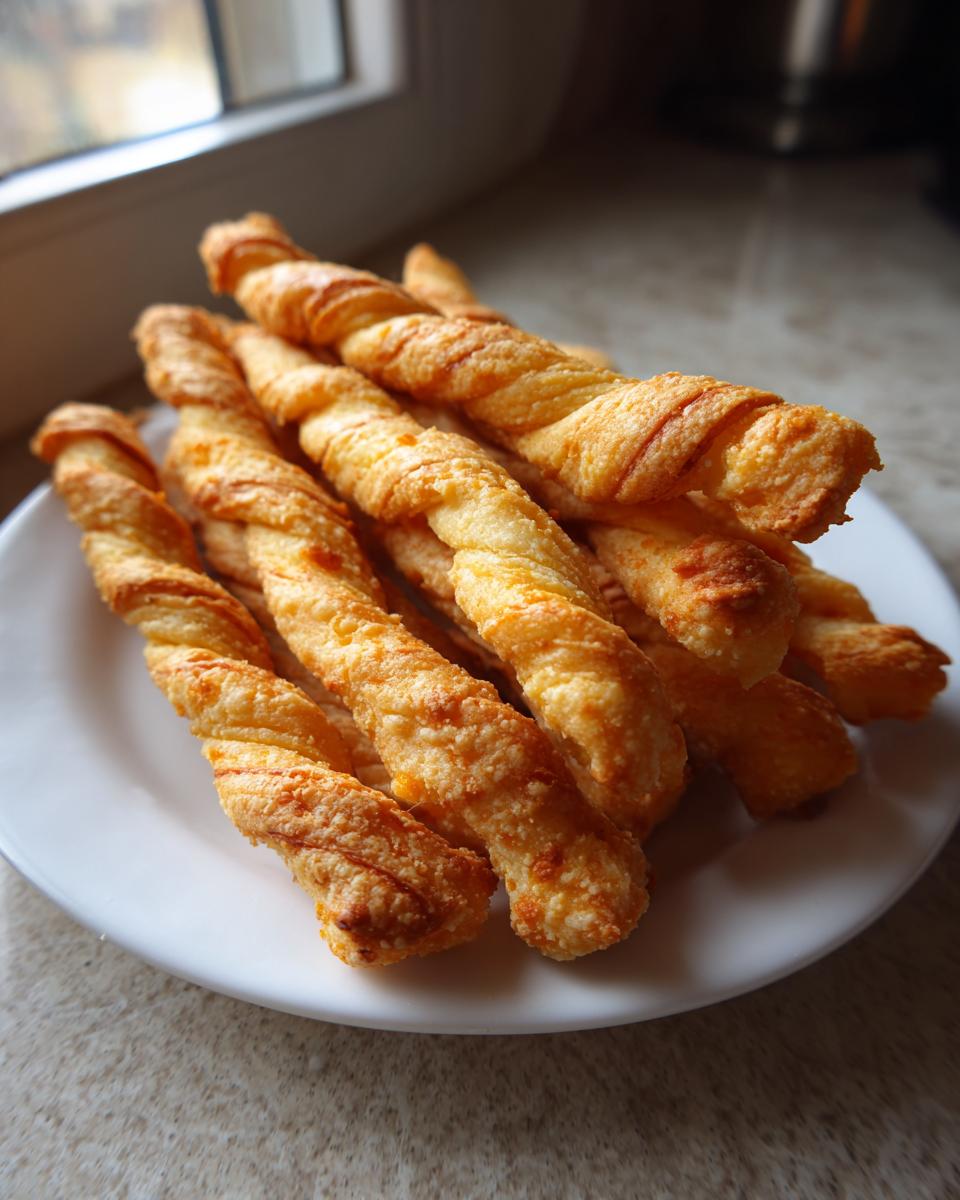 A pile of golden, flaky, twisted cheese straws recipe bites stacked on a white plate near a window.