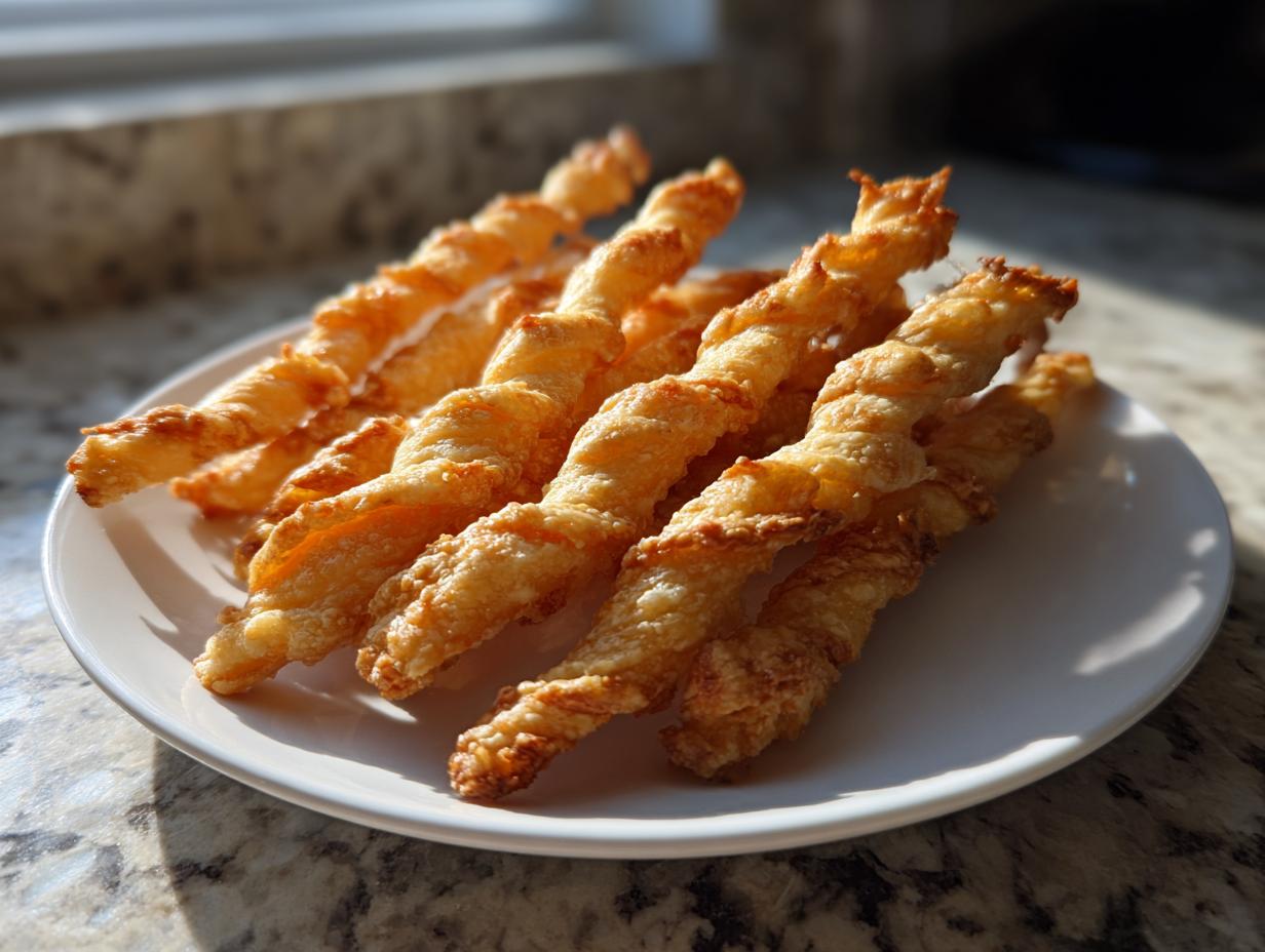 A plate piled high with golden, flaky, twisted cheese straws recipe, catching the sunlight.