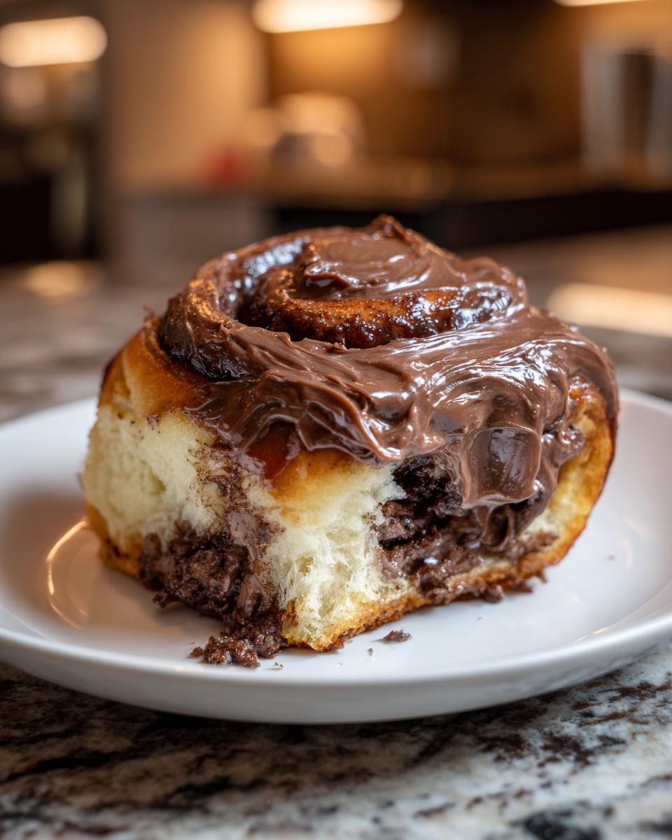 Close-up of a single, soft chocolate cinnamon rolls slice topped with thick, melted chocolate frosting.