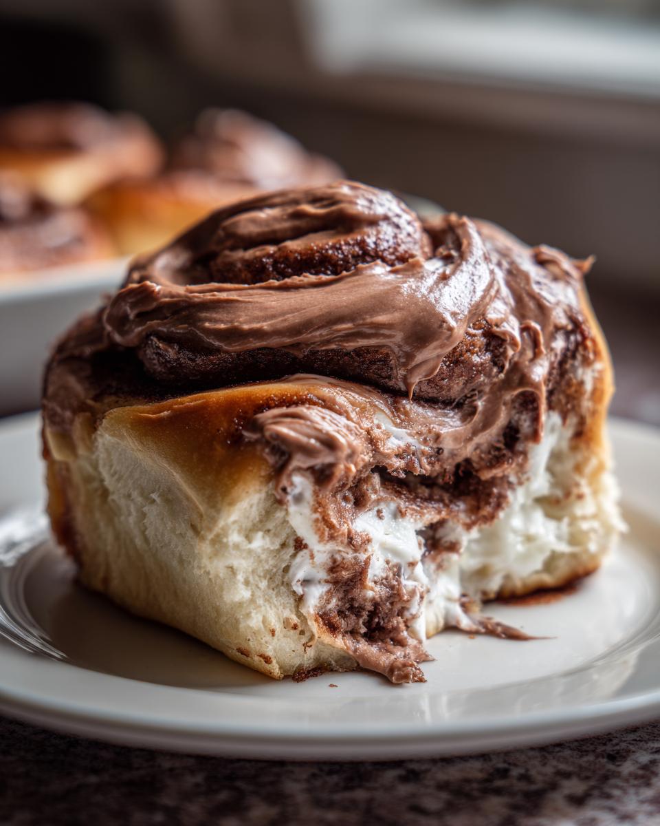 Close-up of a soft, fluffy chocolate cinnamon roll with thick chocolate frosting, showing a bite taken out.
