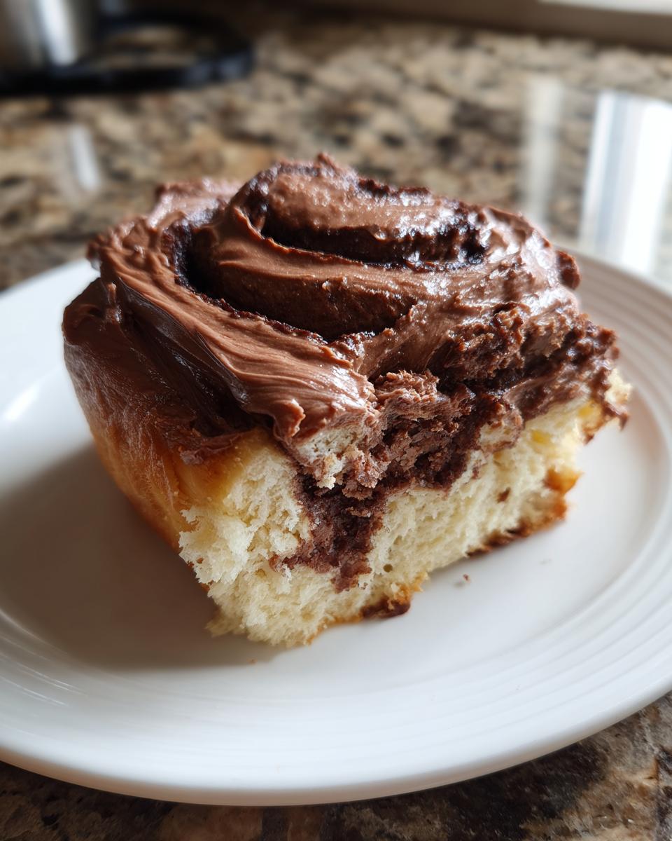 Close-up of a single, gooey chocolate cinnamon rolls slice topped with rich chocolate frosting on a white plate.