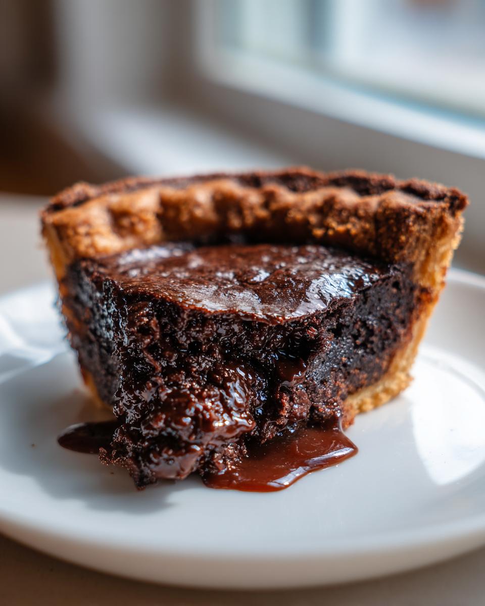 Close-up of a slice of rich, dark chocolate fudge pie with a gooey center spilling onto a white plate.