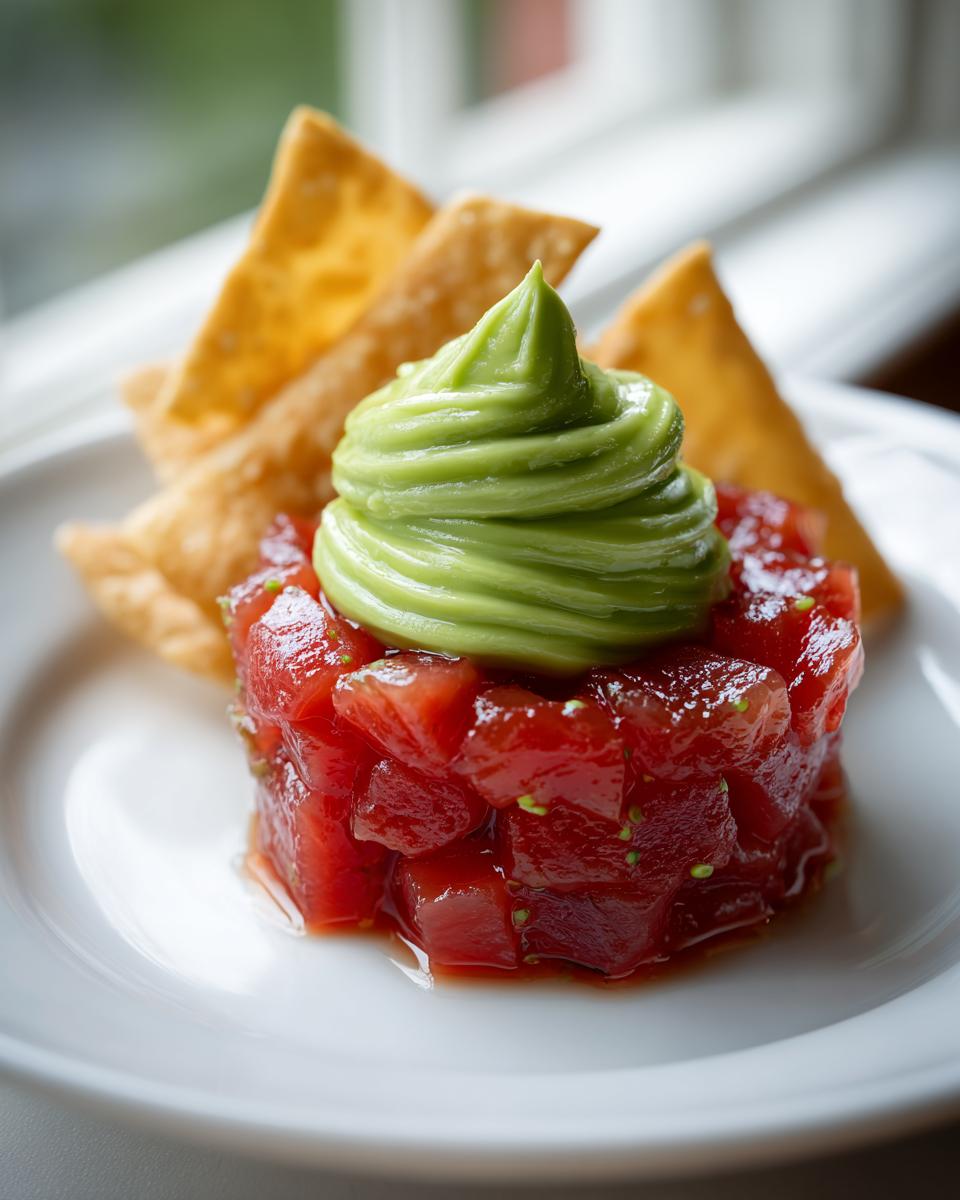 A perfectly molded stack of vibrant red tuna tartare topped with a swirl of bright green avocado cream, served with crispy chips.