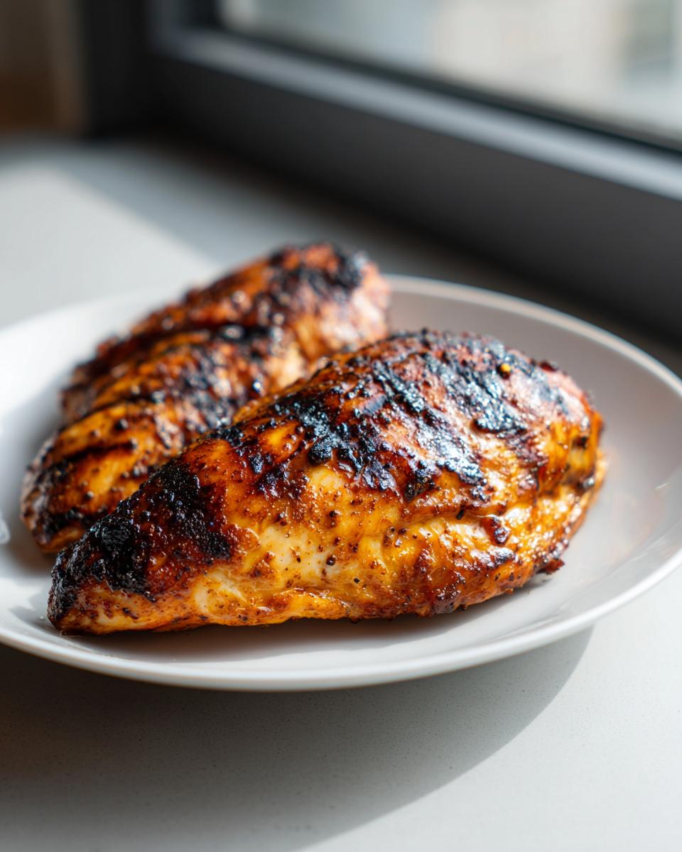 Two perfectly grilled, charred chicken breasts resting on a white plate, showing the results of a great chicken marinade.