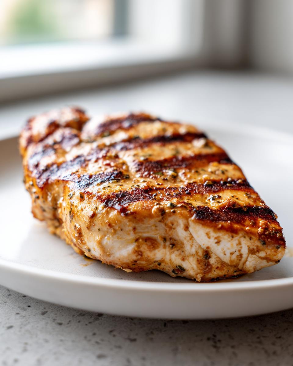 Close-up of a perfectly grilled chicken breast showing char marks, seasoned from a flavorful chicken marinade.