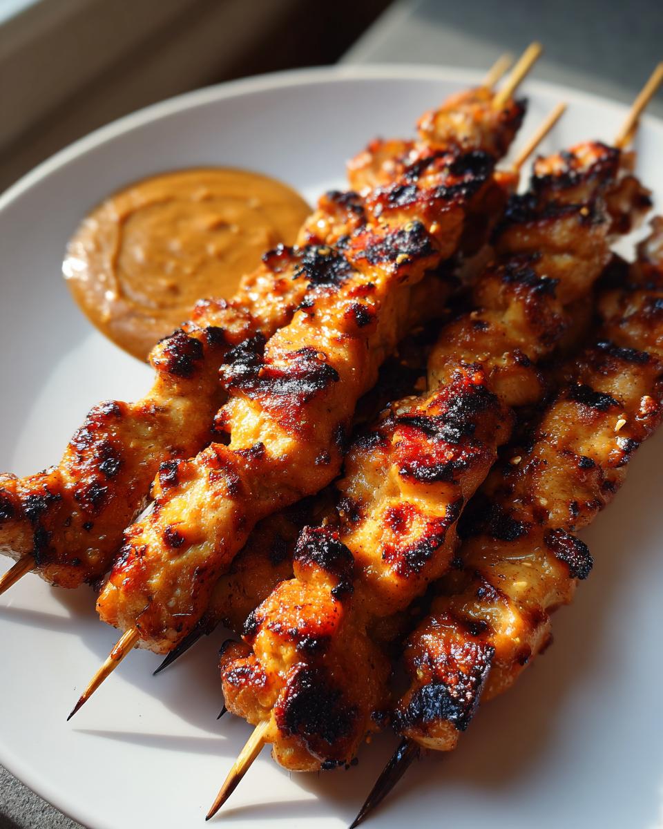 Close-up of perfectly grilled chicken satay skewers served with a side of creamy peanut dipping sauce.