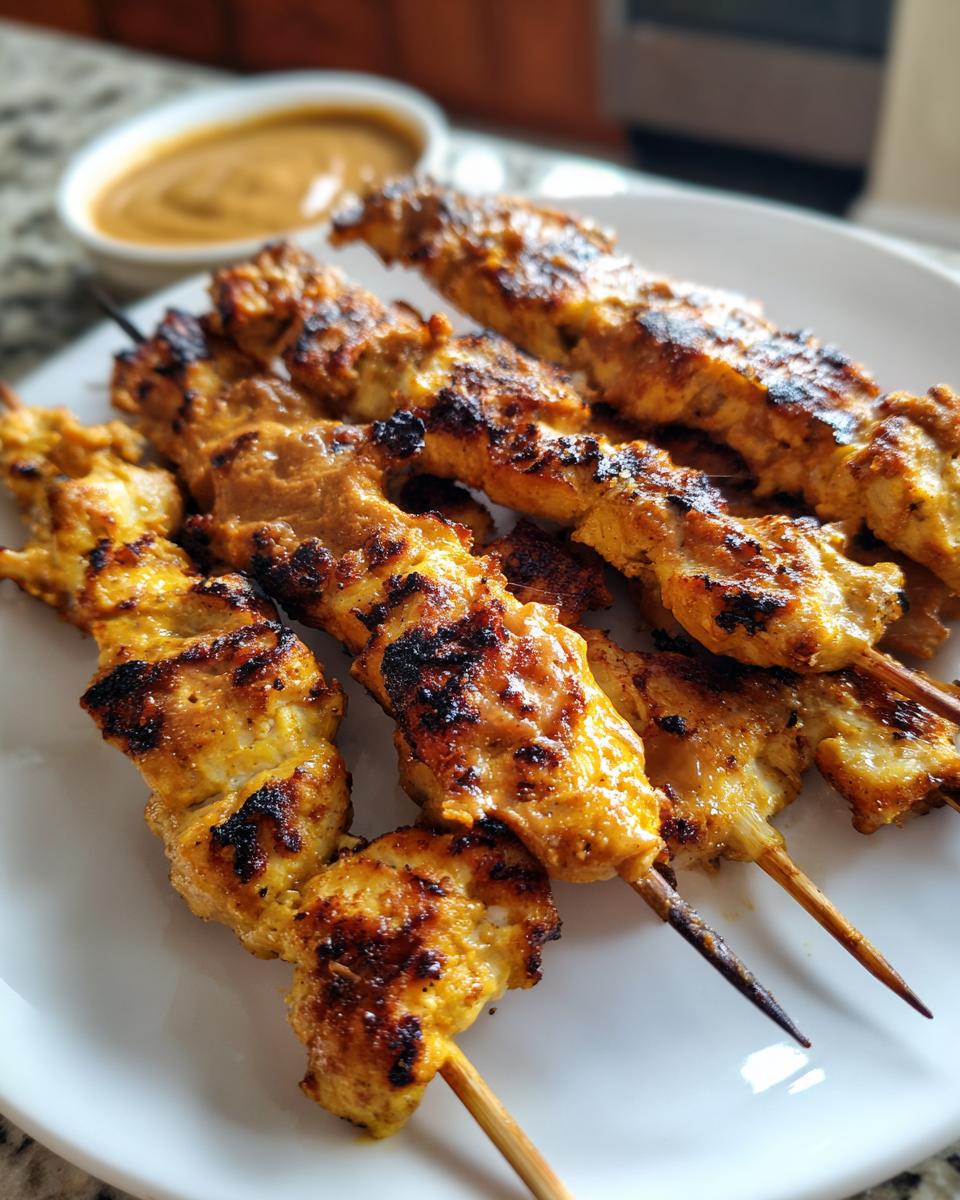 Close-up of perfectly grilled chicken satay skewers on a white plate with peanut sauce in the background.
