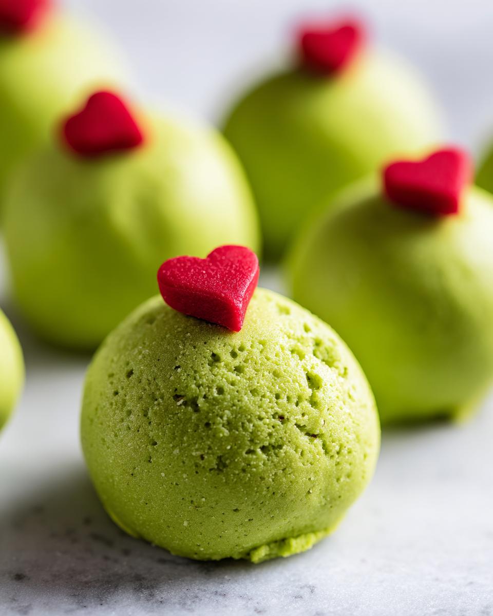Close-up of bright green Grinch Oreo Balls topped with small red candy hearts, resting on a white marble surface.