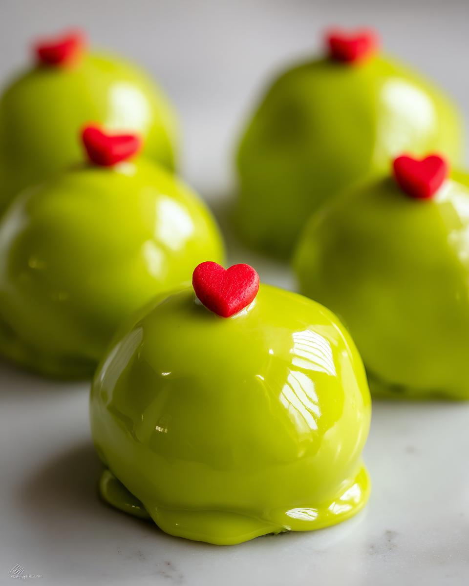 Close-up of shiny, bright green Grinch Oreo Balls topped with small red candy hearts.