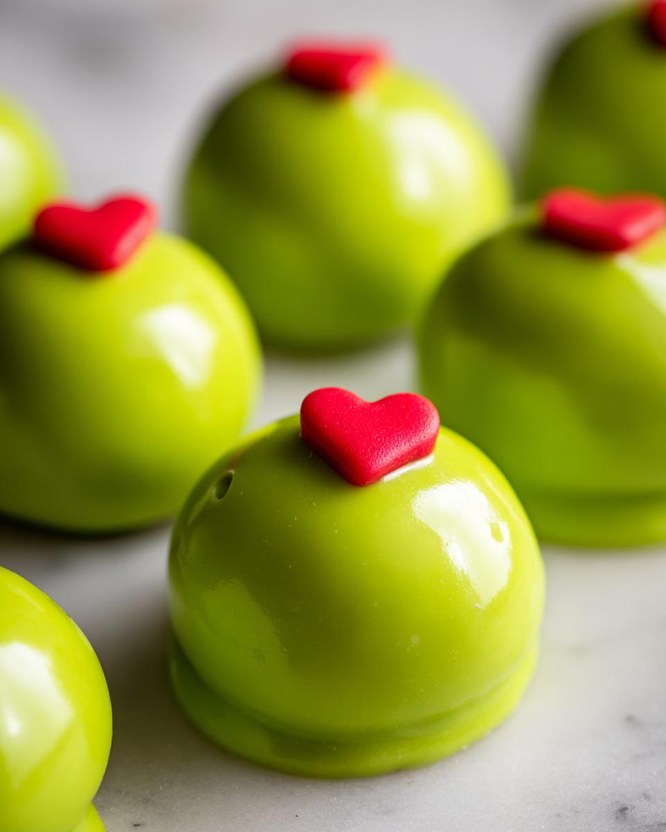Close-up of shiny, bright green Grinch Oreo Balls topped with small red candy hearts.