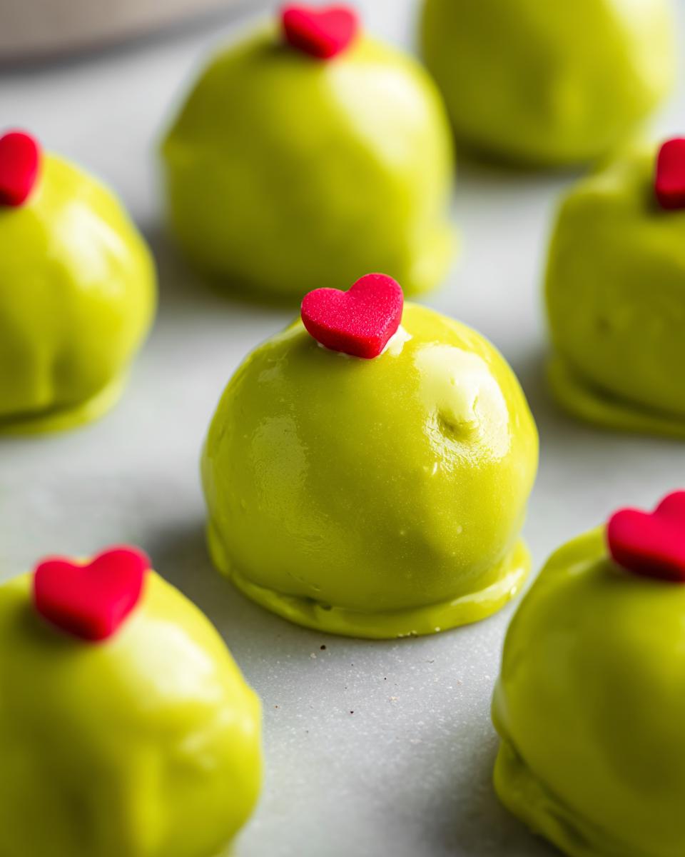 Close-up of several bright green, glossy Grinch Oreo Balls, each topped with a small red heart candy.