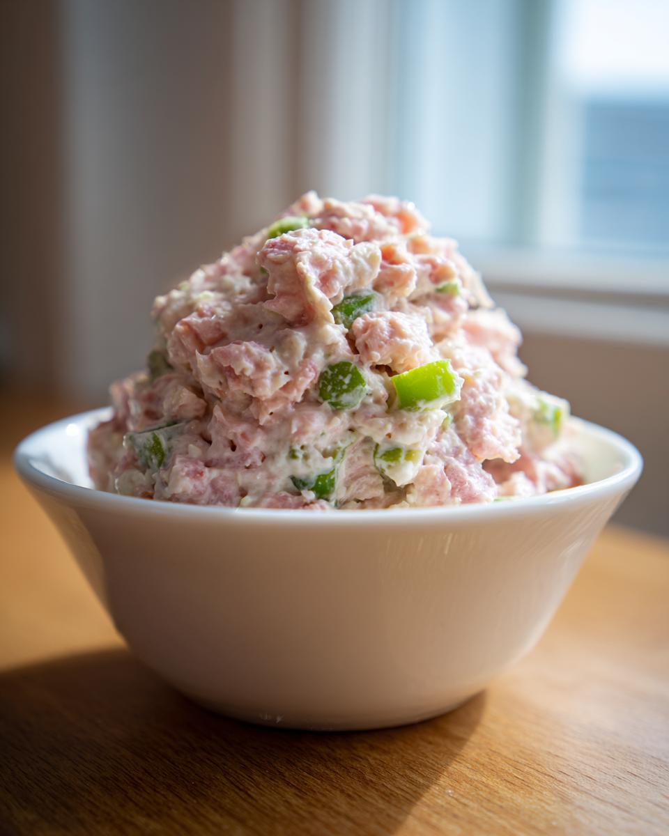 A white bowl piled high with creamy ham salad recipe mixture containing chopped ham and green peppers.