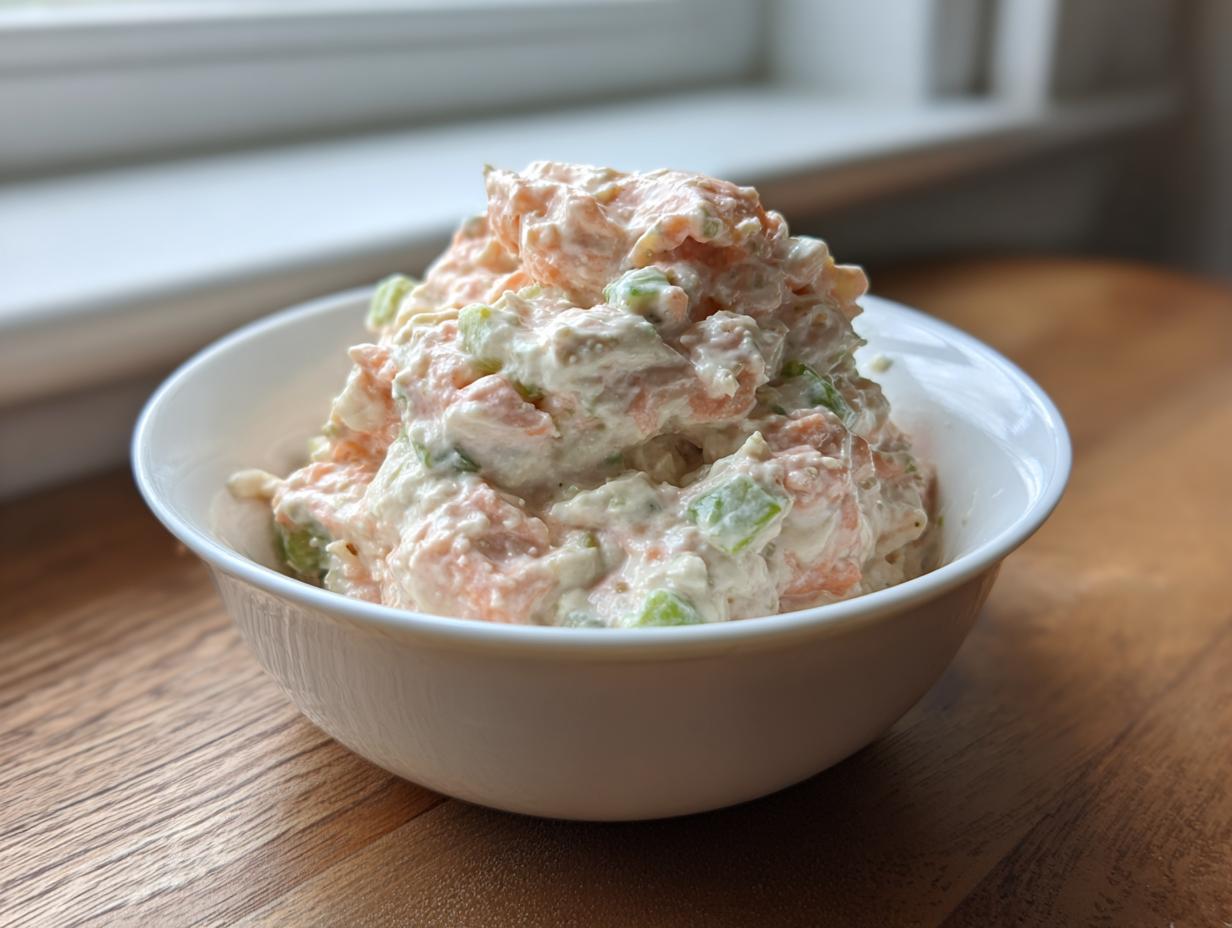 A close-up of a creamy, pink and green ham salad recipe served high in a small white bowl on a wooden surface.