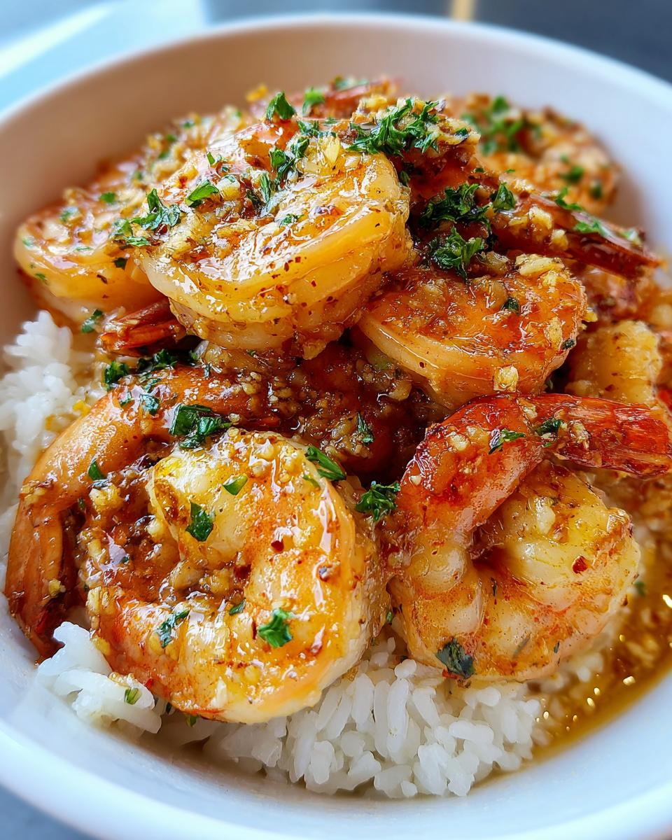 Close-up of juicy hawaiian garlic shrimp coated in rich garlic butter sauce, served over fluffy white rice and garnished with parsley.