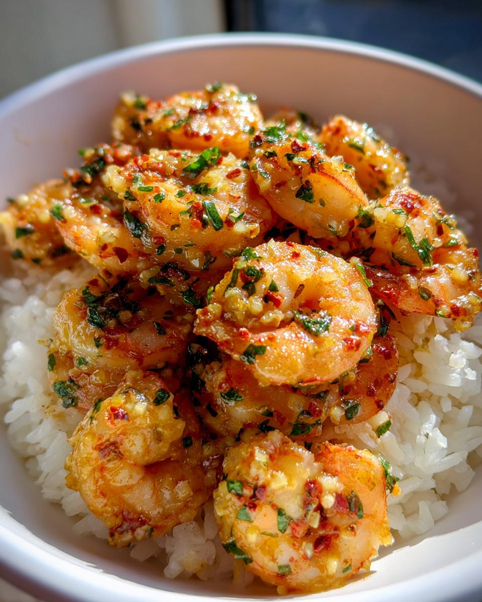 Close-up of juicy Hawaiian garlic shrimp coated in garlic and herbs, served over white rice in a bowl.