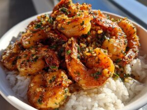 Close-up of juicy, golden-brown Hawaiian garlic shrimp generously coated in garlic and herbs, served over white rice in a bowl.