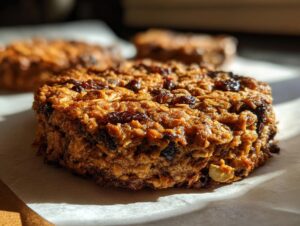 Close-up of a thick, chewy breakfast cookie made with oats and dried fruit, highlighted by sunlight.