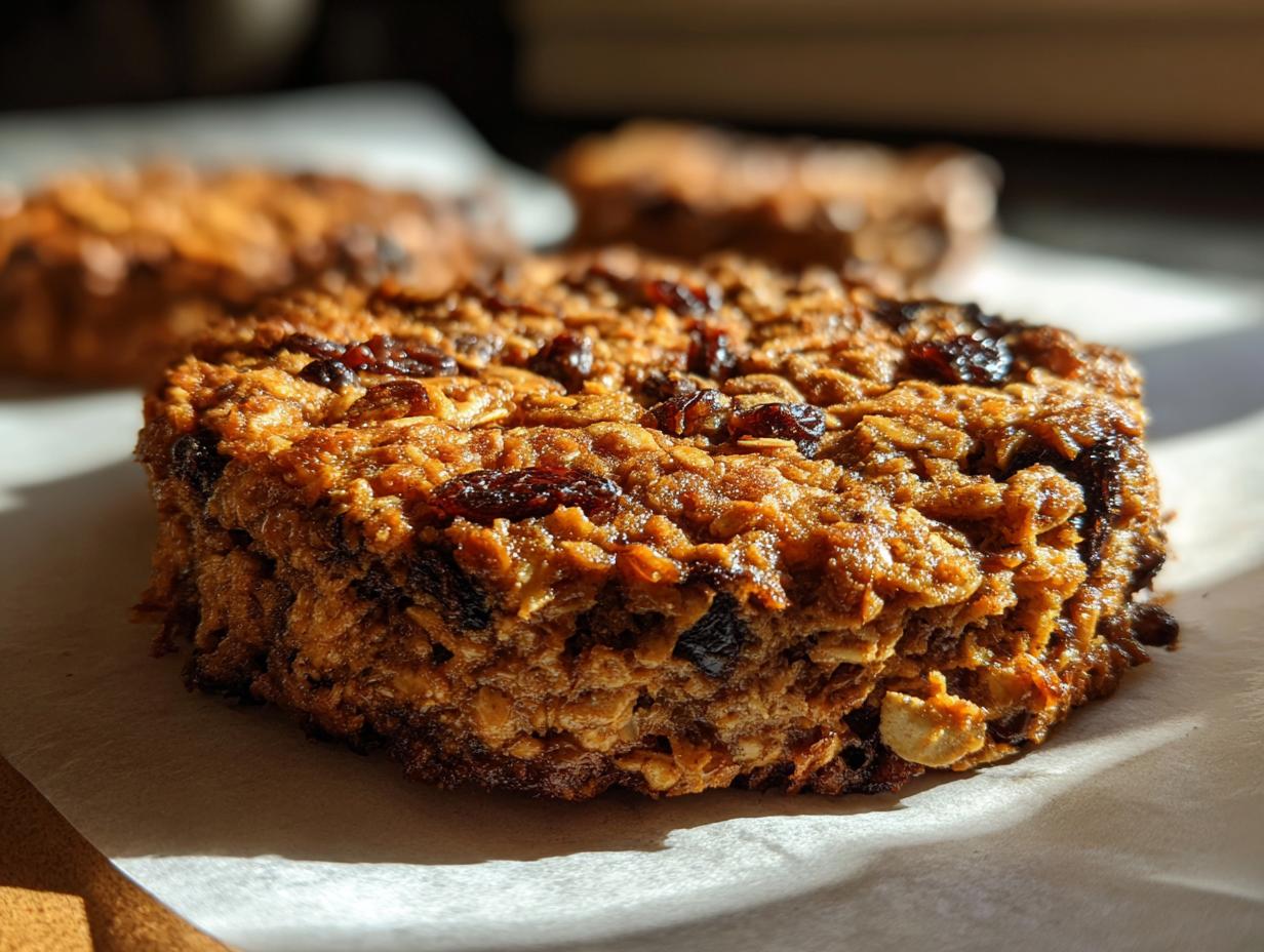 Close-up of a thick, chewy breakfast cookie made with oats and dried fruit, highlighted by sunlight.