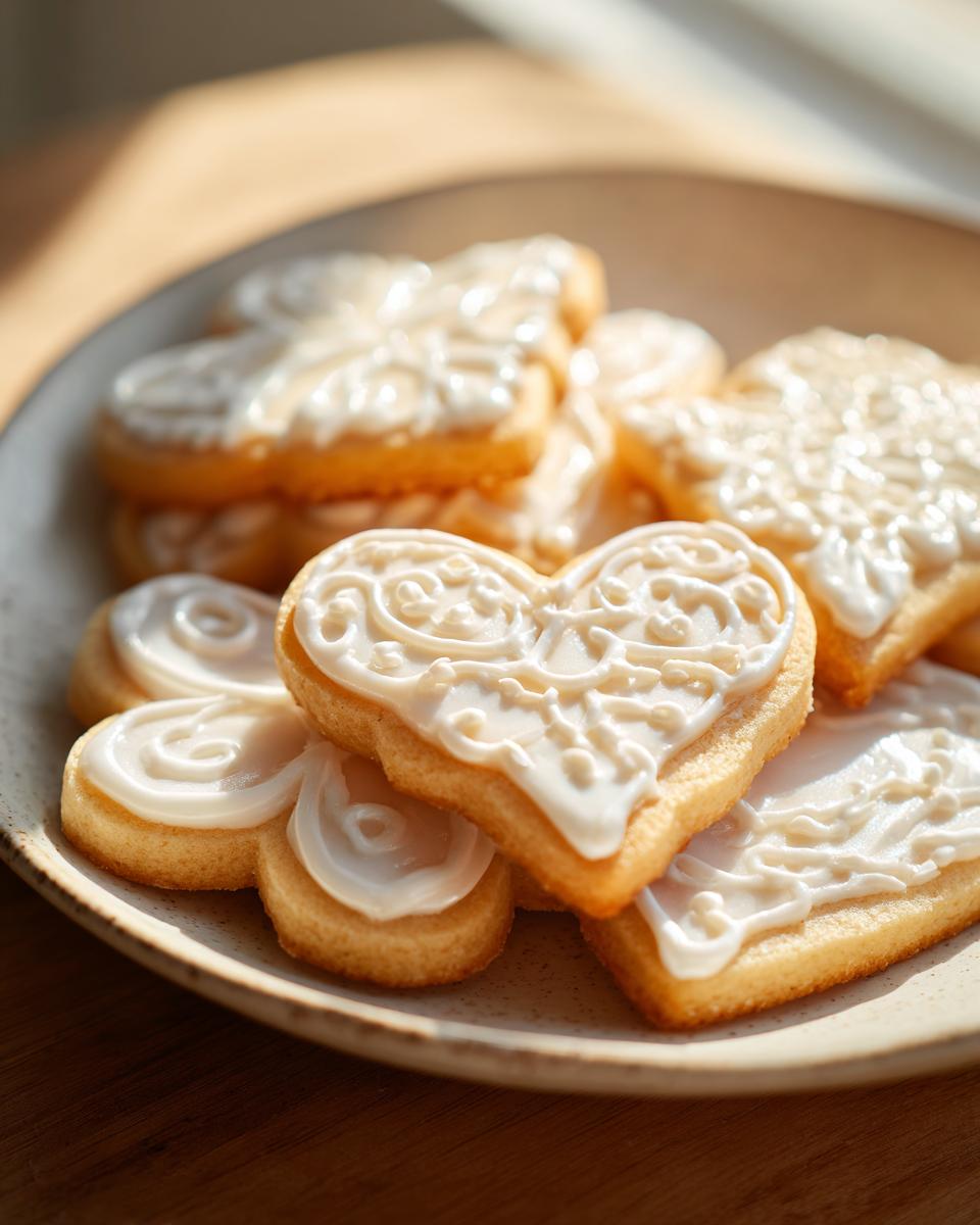 Close-up of heart-shaped sugar cookies topped with intricate white cookie icing designs.