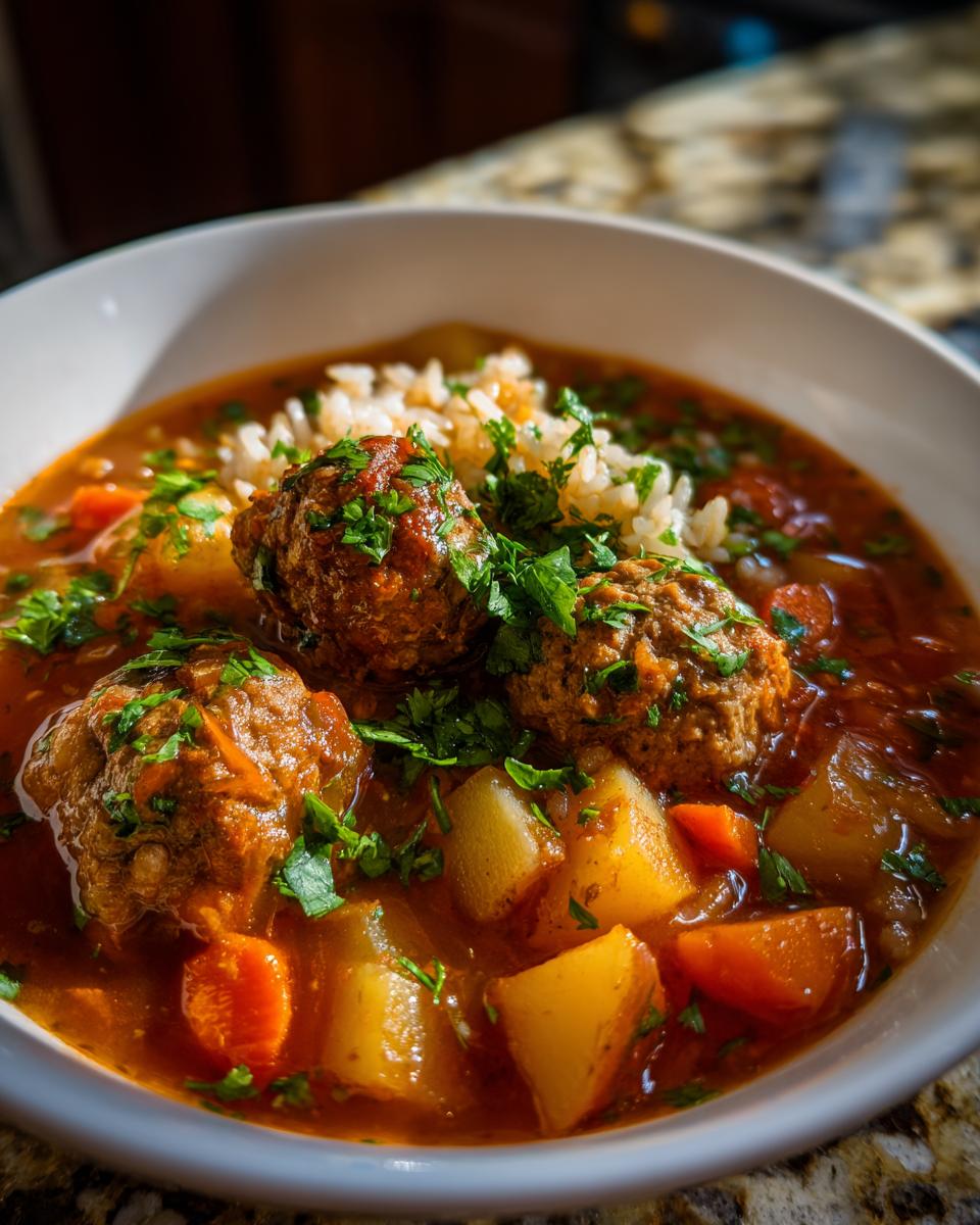 Close-up of a white bowl filled with rich, tomato-based albondigas soup featuring meatballs, potatoes, carrots, and rice.
