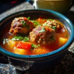 Close-up of a rich, tomato-based albondigas soup featuring large meatballs and chunks of vegetables, garnished with cilantro.