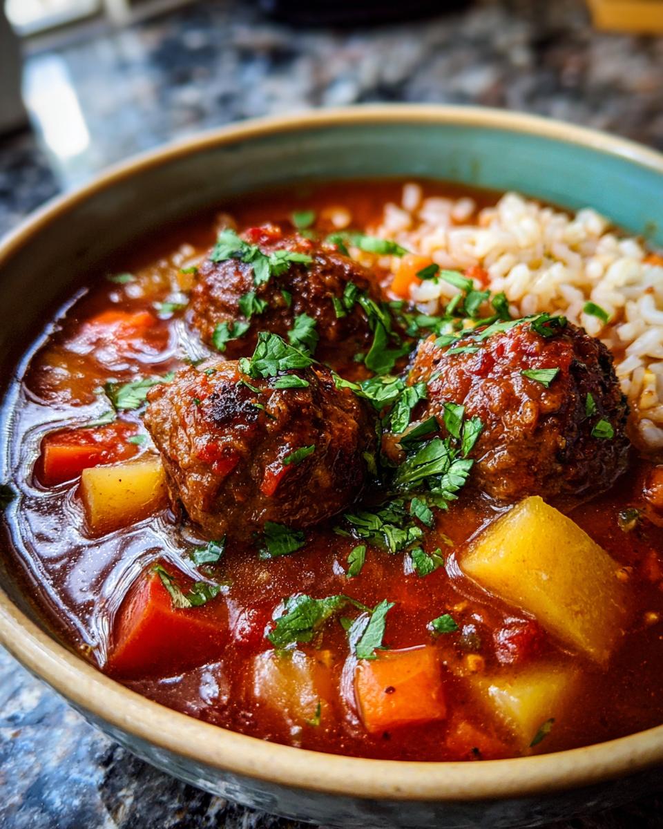 Close-up of a rich, red broth albondigas soup featuring three seasoned meatballs, chunks of potato and carrot, and a side of rice, garnished with fresh cilantro.