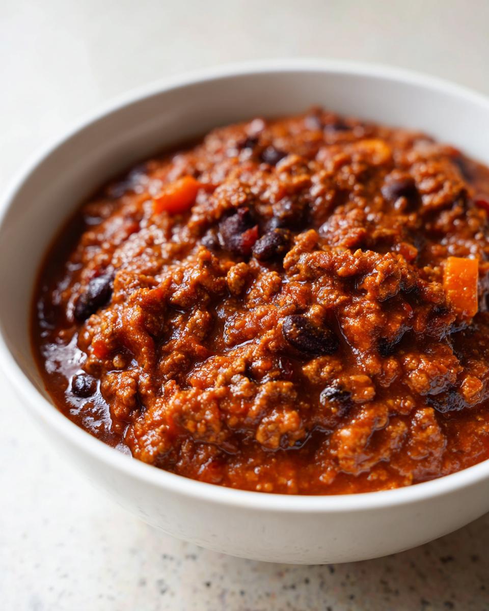Close-up of a thick, rich bowl of homemade pumpkin chili featuring ground meat and black beans.