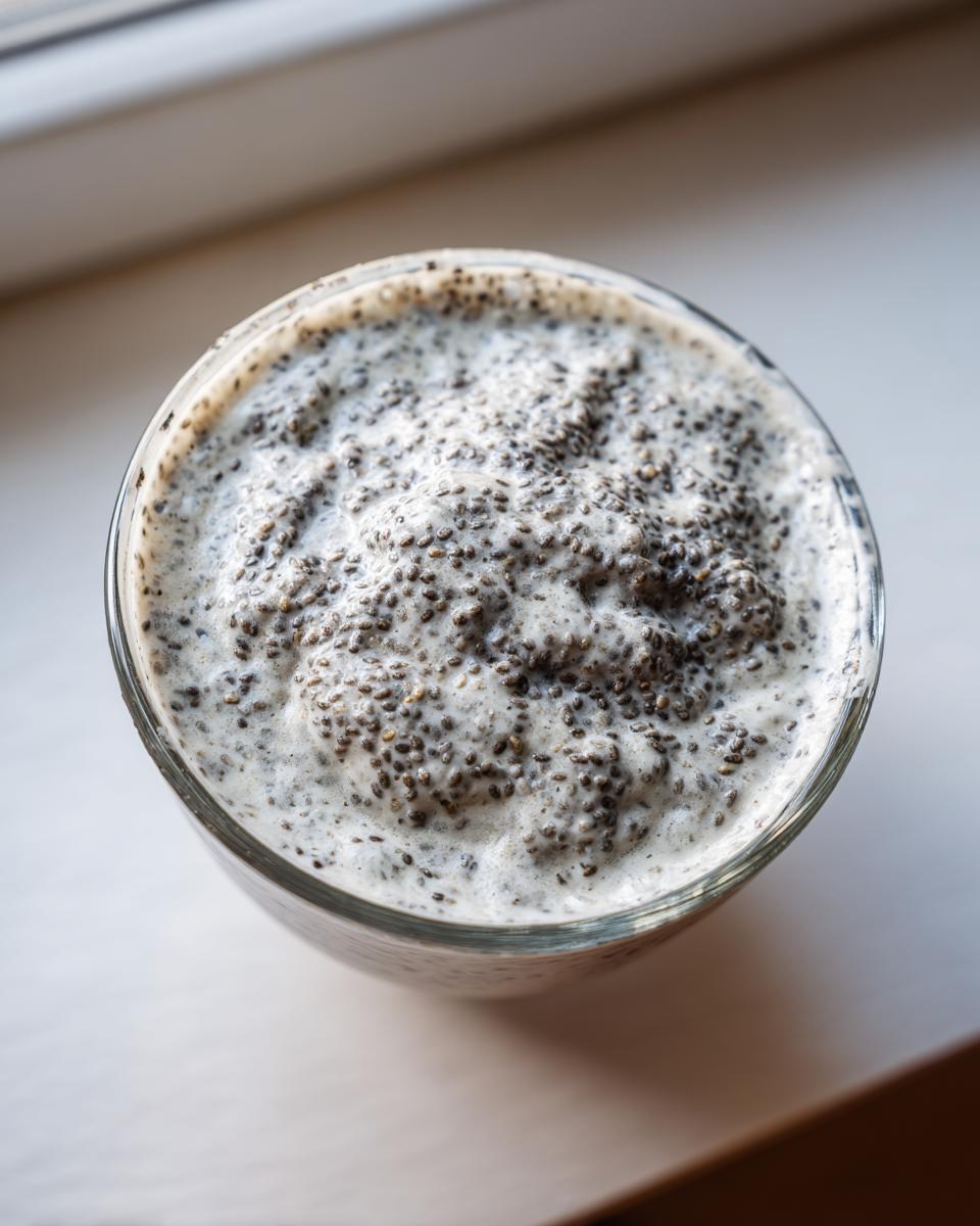 Overhead close-up view of creamy, thick chia seed pudding made with black chia seeds in a clear glass.