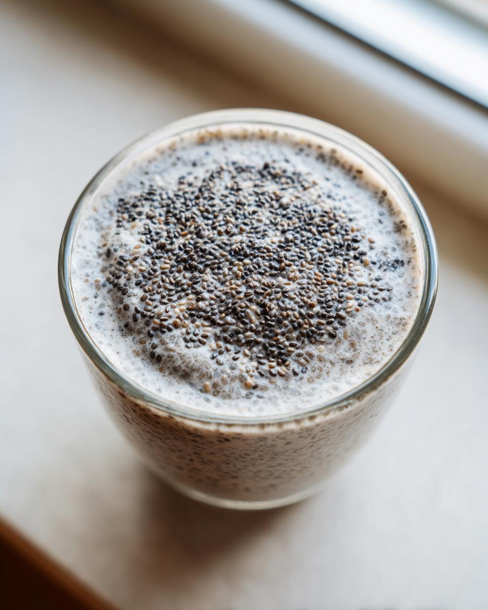 Overhead close-up of a glass filled with creamy chia seed pudding, topped generously with whole chia seeds.