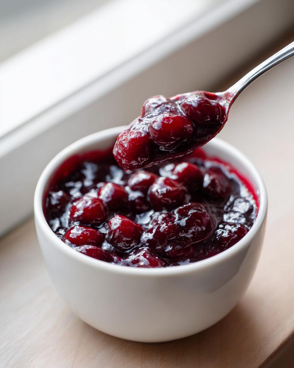 A spoonful of thick, glossy cherry pie filling being lifted from a white bowl.
