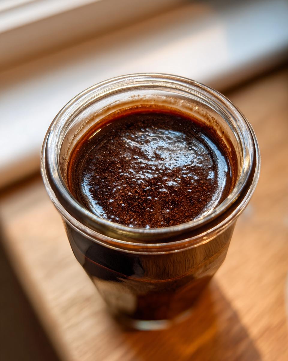 Overhead view of thick, dark chocolate syrup with tiny bubbles in a clear glass jar.