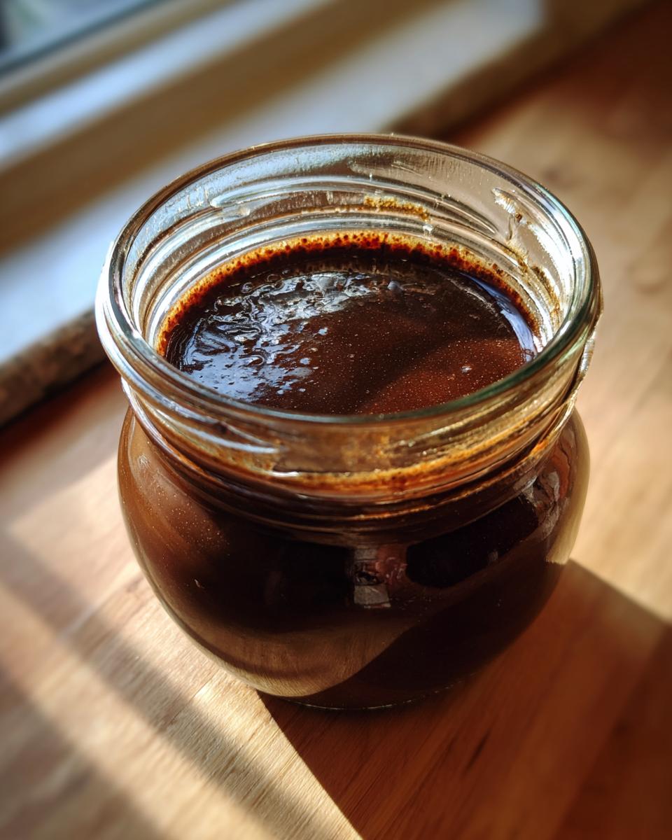 Close-up of rich, dark homemade chocolate syrup filling a small glass jar, sitting on a wooden surface.