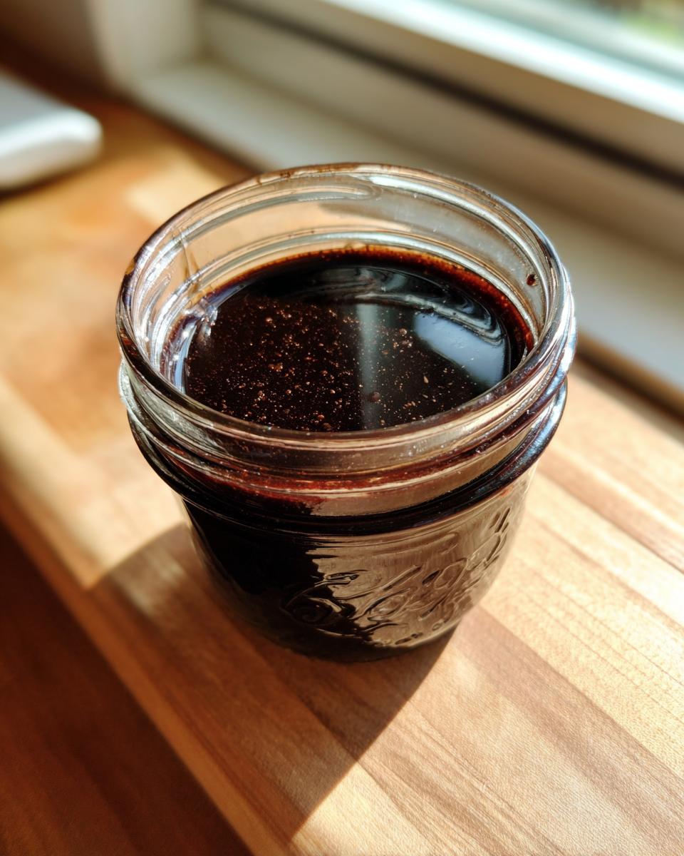 A small glass jar filled with thick, dark homemade chocolate syrup sitting on a wooden surface near a window.