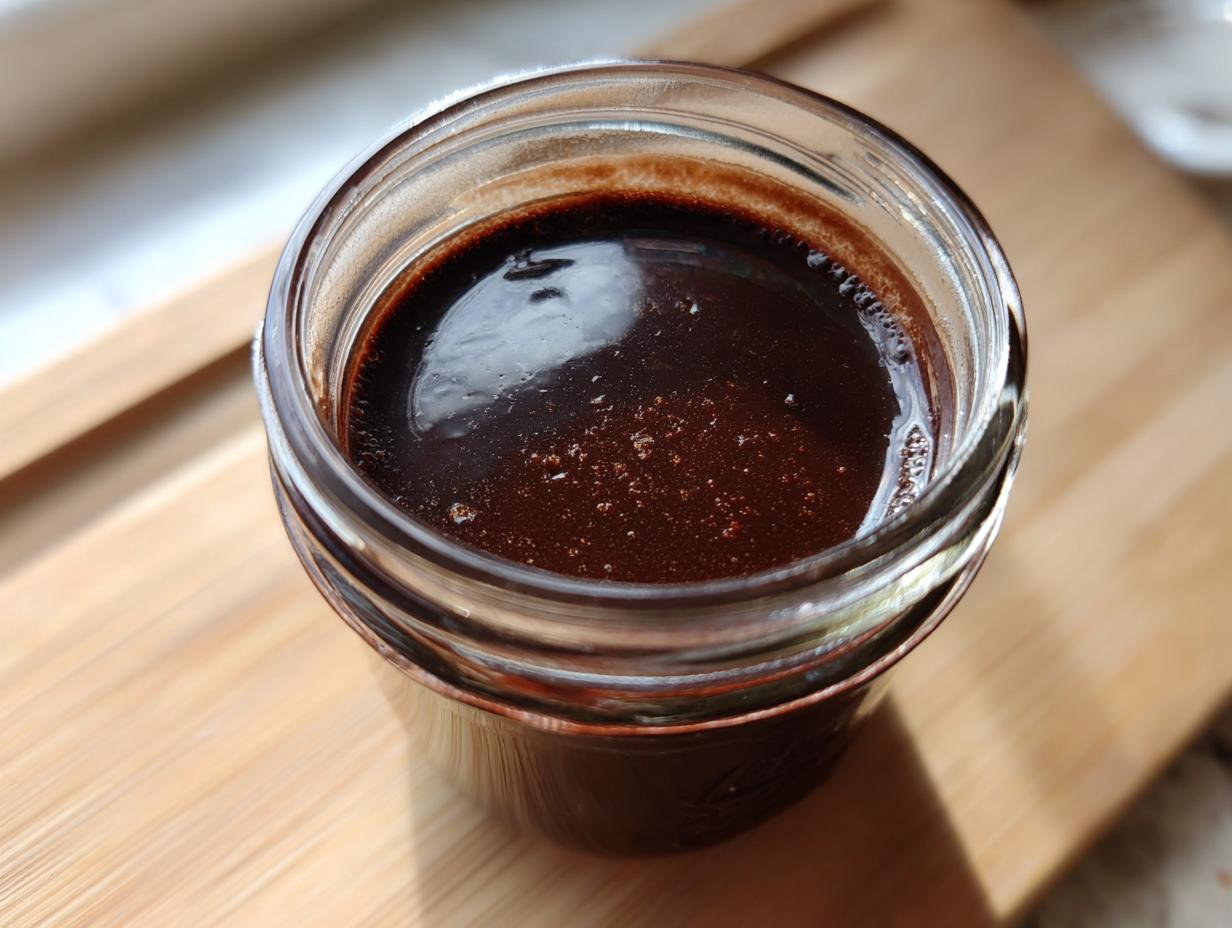 Close-up overhead view of rich, dark homemade chocolate syrup filling a small glass jar.