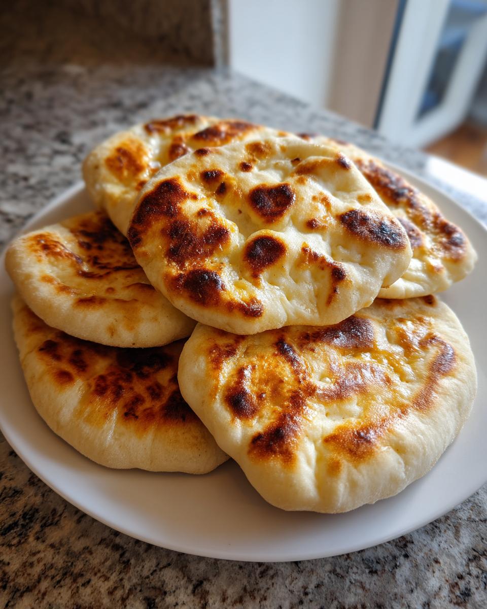 A stack of golden-brown, freshly cooked pita bread pockets with charred spots, resting on a white plate.
