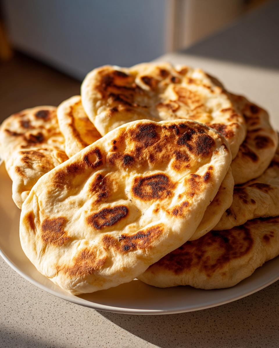 A stack of freshly cooked, slightly charred pita bread resting on a white plate in warm sunlight.