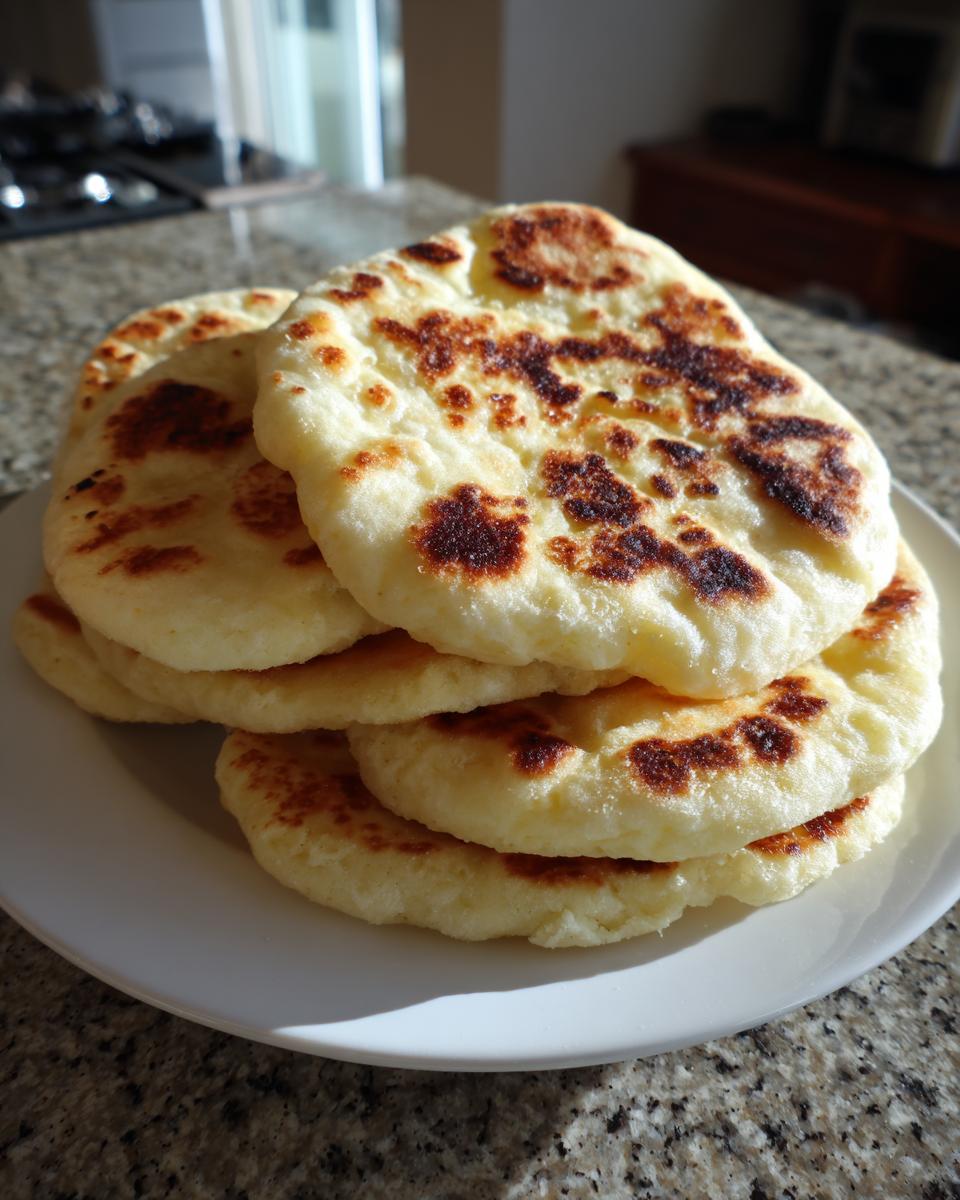 A stack of fluffy, freshly cooked pita bread pockets with golden brown charred spots resting on a white plate.